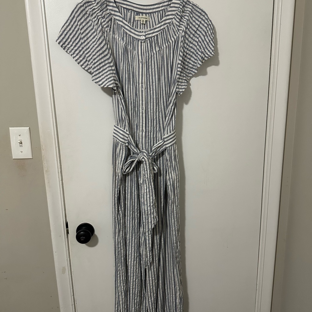 Max Studio Navy and White Striped Jumper with Tie Waist